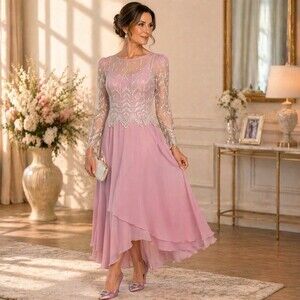 Vintage Cachet Bari Protas Pink Rose Dress 7/8 Sheer Embroidered Formal Gown